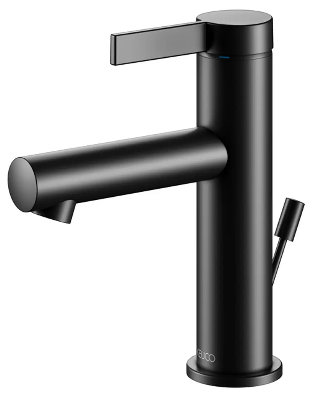Schwarzer Mischbatterie von Keuco mit einem flachen Hebel und einem Auslauf. Der Wasserablass ist seitlich angebracht. Minimalistisches Design für moderne Waschbecken.